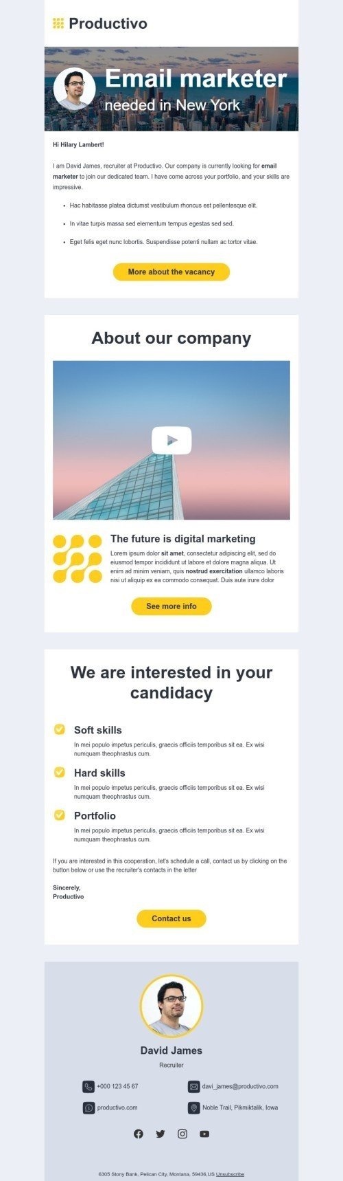 Modelo de e-mail de «Precisa-se de um profissional de marketing por e-mail em Nova York» de promoção para a indústria de negócios Visualização de desktop