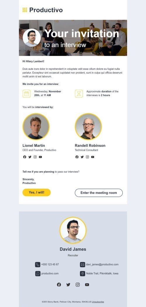 Promo email template "Your invitation  to an interview" for business industry mobile view