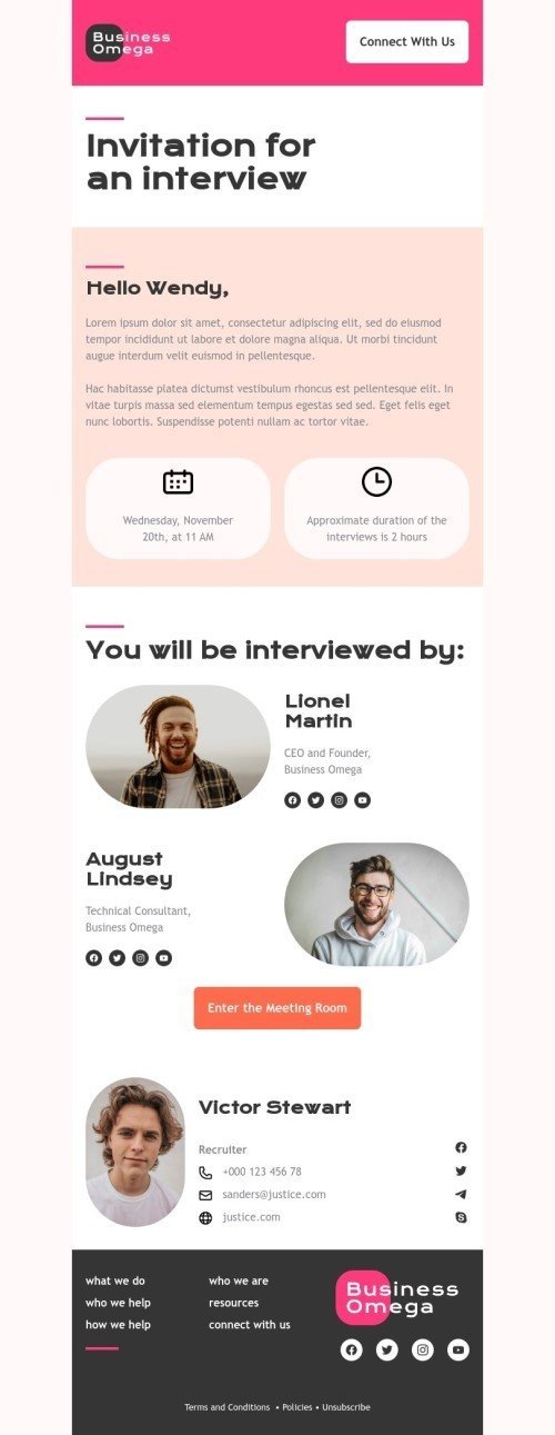 Promo email template "Invitation for an interview" for business industry desktop view
