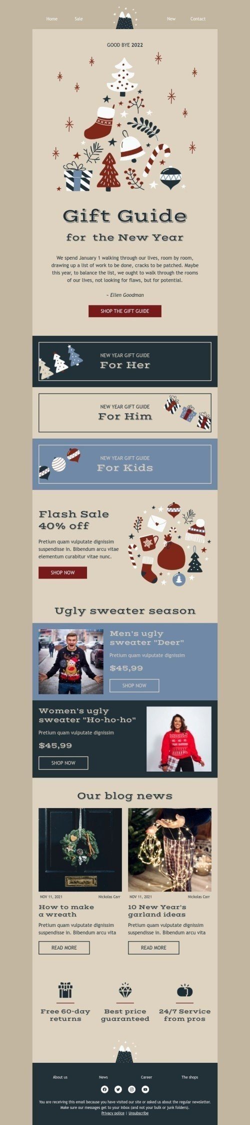 New Year email template "Gift guide ​for New Year" for fashion industry desktop view