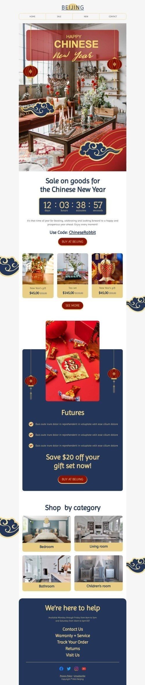 Modello email Capodanno cinese «Miracolo del Capodanno cinese» per il settore industriale di arredamento, interni e fai da te Visualizzazione desktop