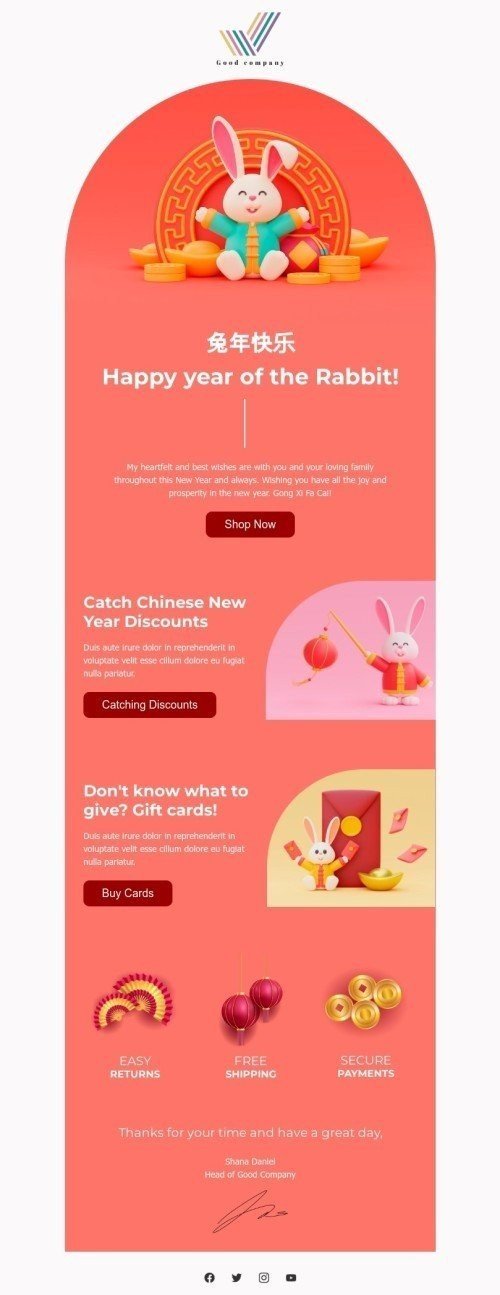 Chinese New Year email template "Catch Chinese New Year discounts" for fashion industry desktop view