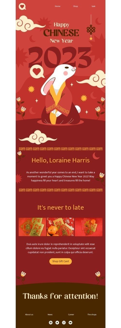 Chinese New Year email template "It's never to late" for books & presents & stationery industry mobile view