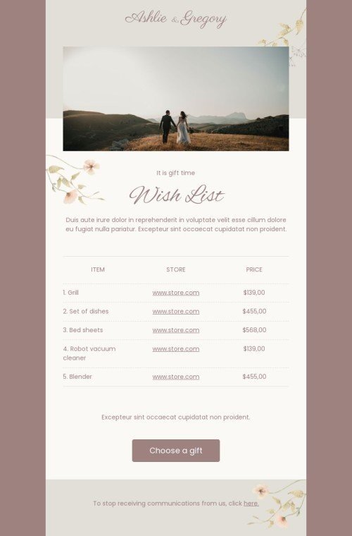 Modèle de courrier électronique promo «Liste de souhaits de mariage» pour le secteur hobbies Affichage ordinateur