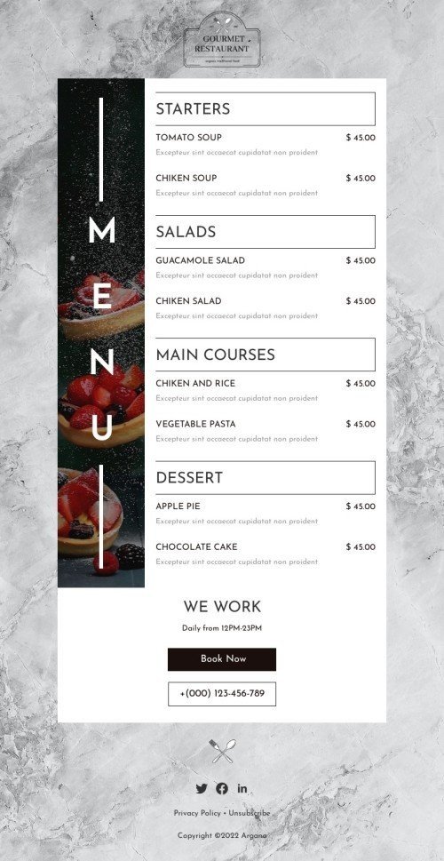 Promo email template «Gourmet restaurant» for restaurants industry desktop view