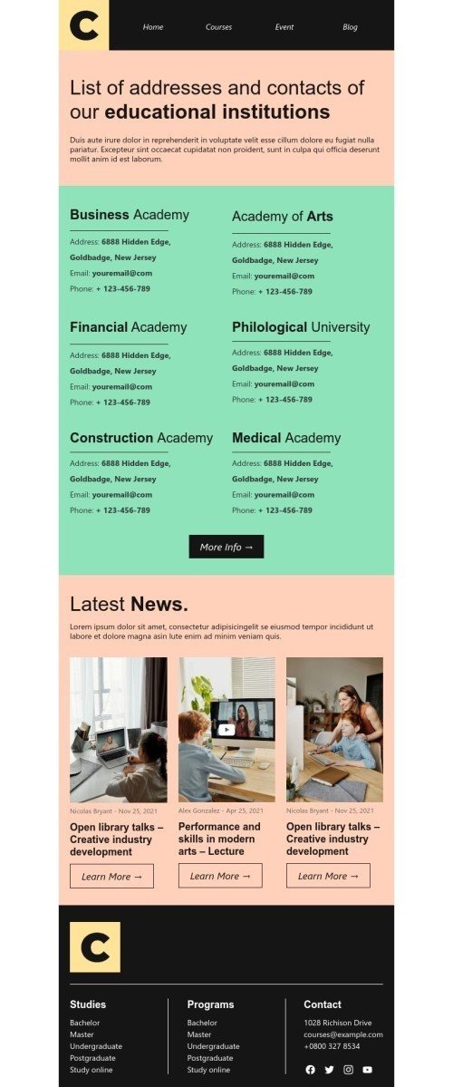 Promo email template «Educational institutions» for education industry desktop view