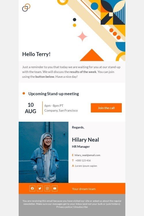 Modelo de e-mail de «Próxima reunião de stand-up» de promoção para a indústria de gadgets Visualização de desktop