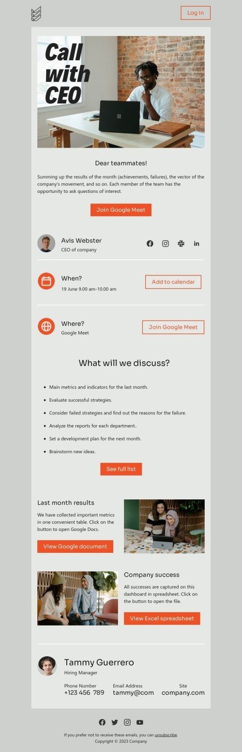 Promo email template «Call with CEO» for business industry mobile view