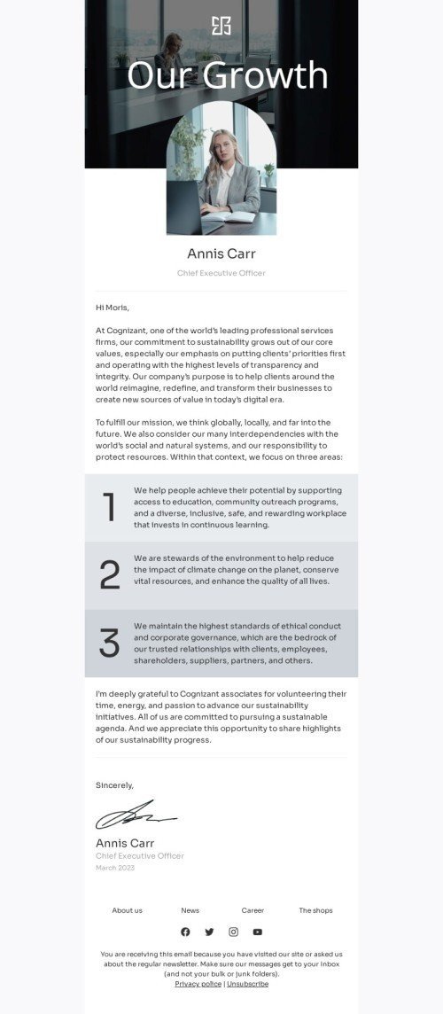Modèle de courrier électronique promo «Message du PDG» pour le secteur business Affichage ordinateur