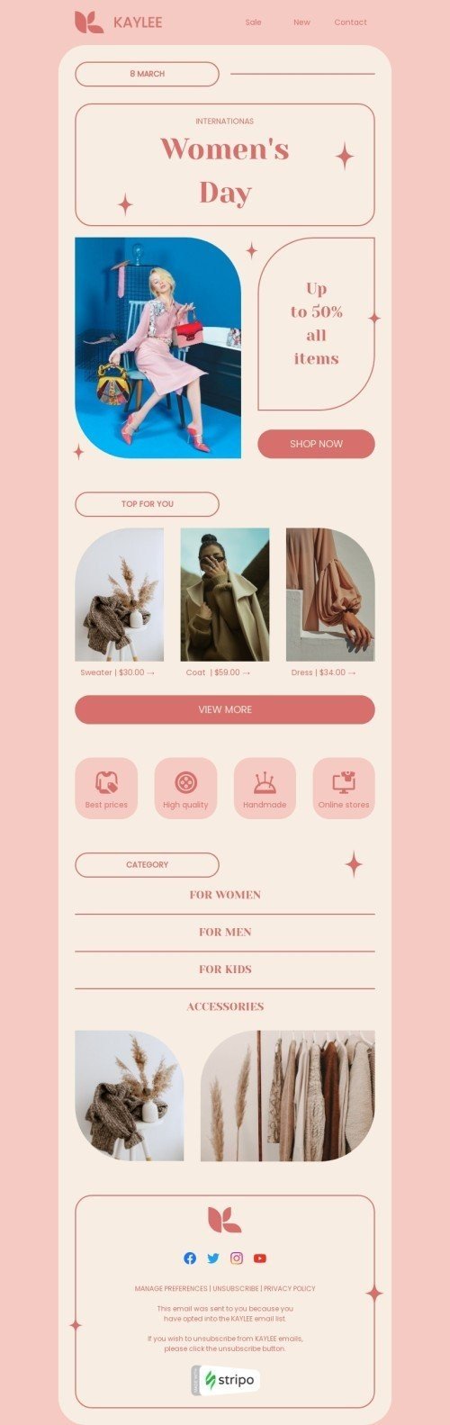 Women's Day email template "Pink Women's Day" for fashion industry desktop view