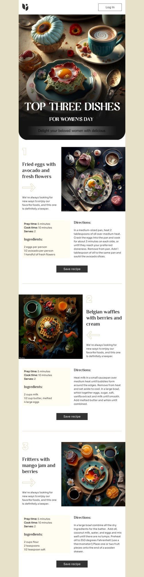 Modelo de e-mail de «Receitas de comida por inteligência artificial» de Dia da Mulher para a indústria de publicações & blogs Visualização de desktop