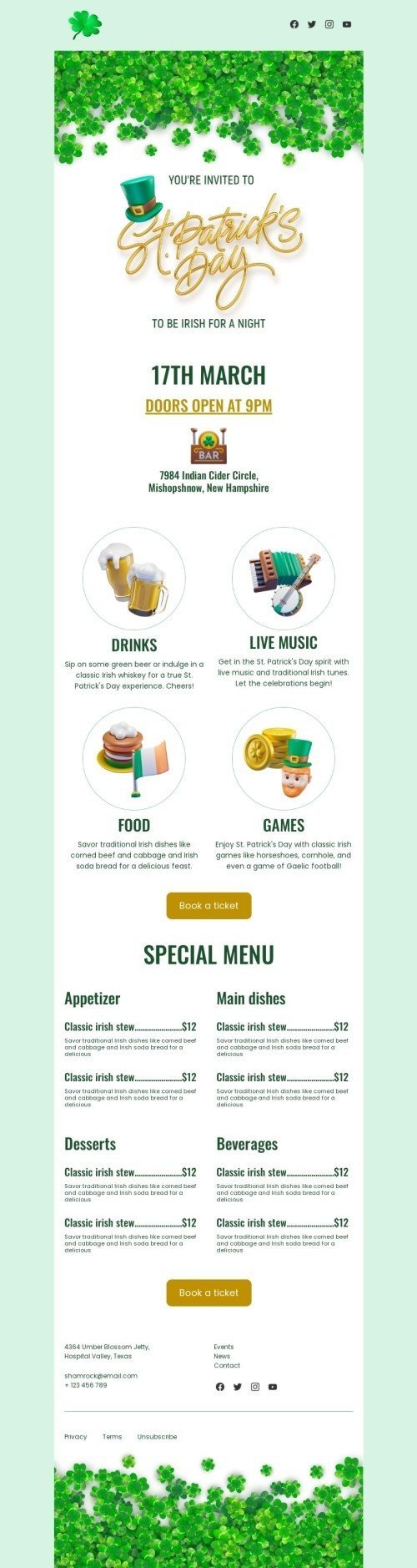 St. Patrick’s Day Email Template "To be irish for a night" for Restaurants industry desktop view