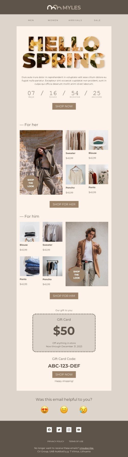 Modello email primavera «Ciao primavera» per il settore industriale di moda Visualizzazione mobile