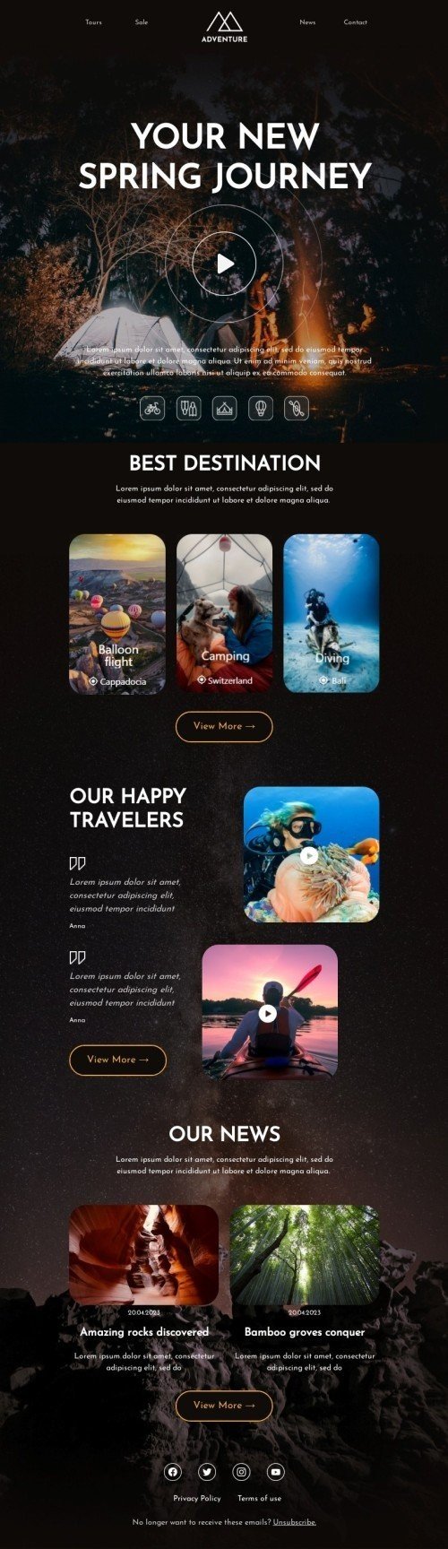 Spring email template "Spring journey" for travel industry desktop view