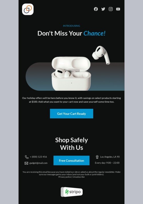 Email footer template "Don't miss your chance!" for gadgets industry desktop view