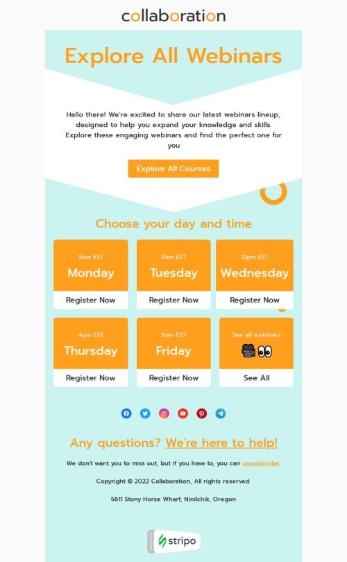 Email footer template "Explore all webinars" for webinars industry mobile view