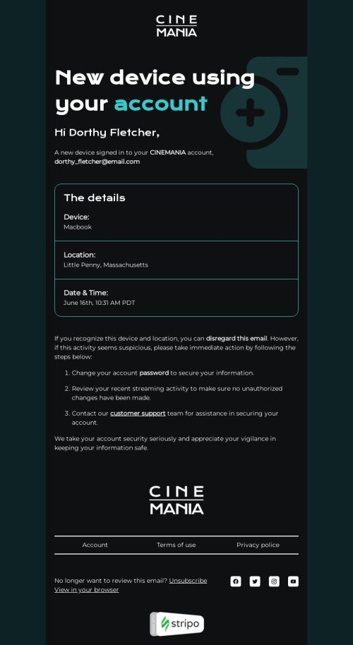 Modelo de e-mail de «Novo dispositivo usando sua conta» de rodapé do e-mail para a indústria de filmes Visualização de desktop