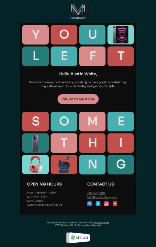 Modèle de pied de page de l'e-mail «Tu as laissé quelque chose» pour le secteur gadgets Affichage mobile