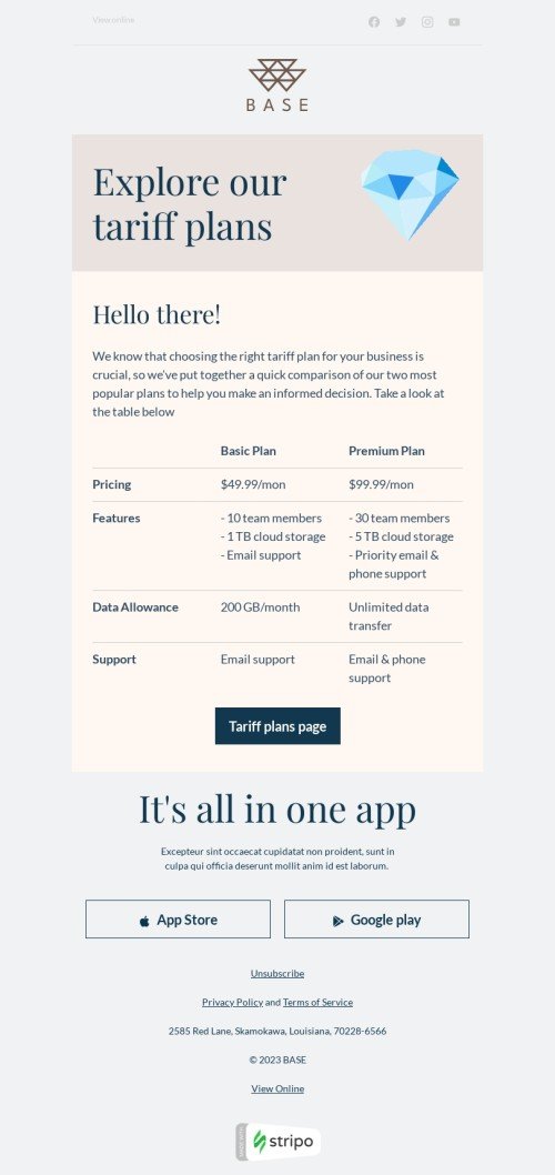 Email footer template "Explore our tariff plans" for business industry mobile view