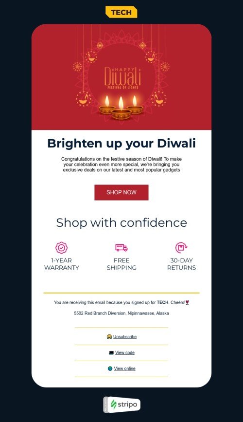 Diwali email template "Festival of lights" for gadgets industry desktop view