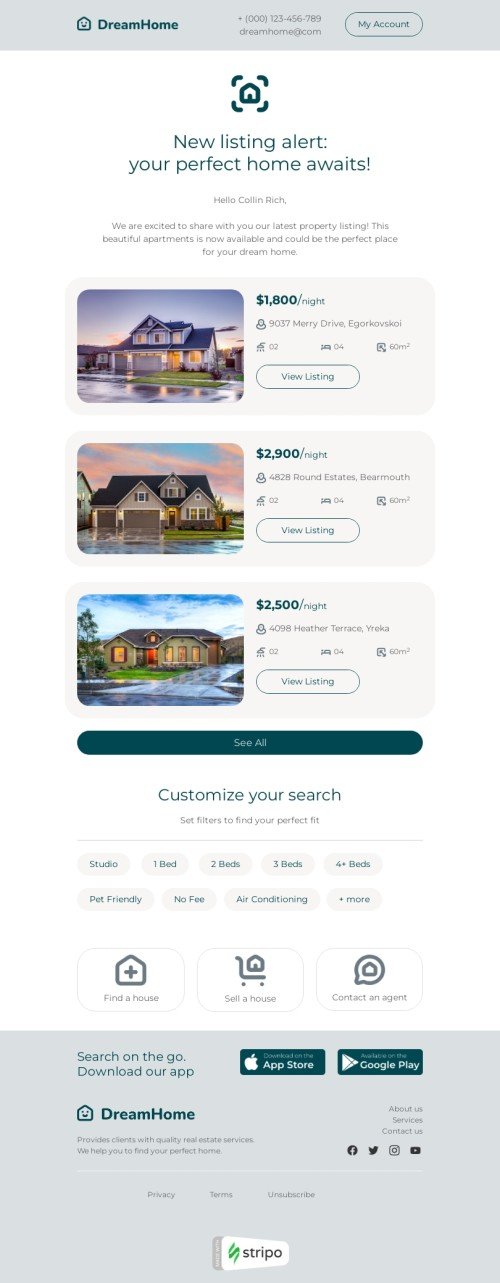 Promo email template "New listing" for real estate industry mobile view