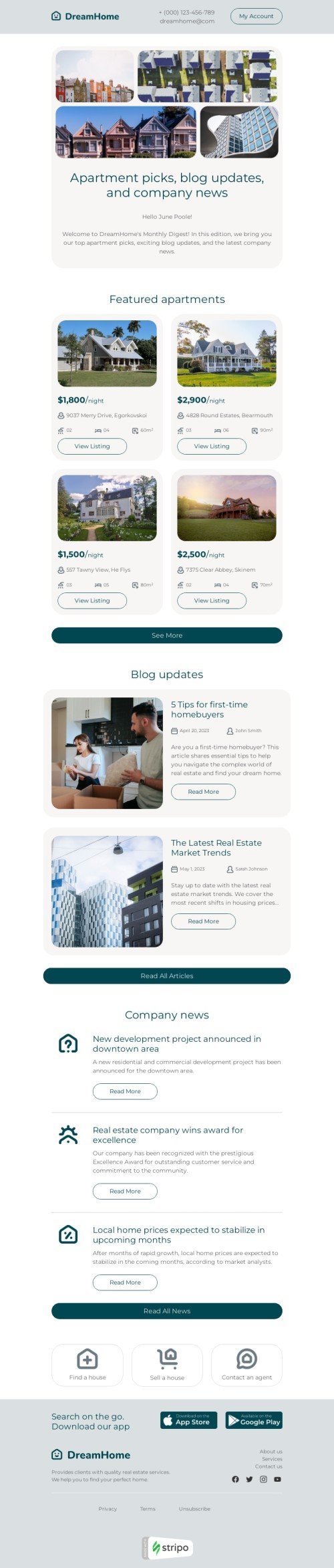 Newsletters email template "Newsletter" for real estate industry desktop view