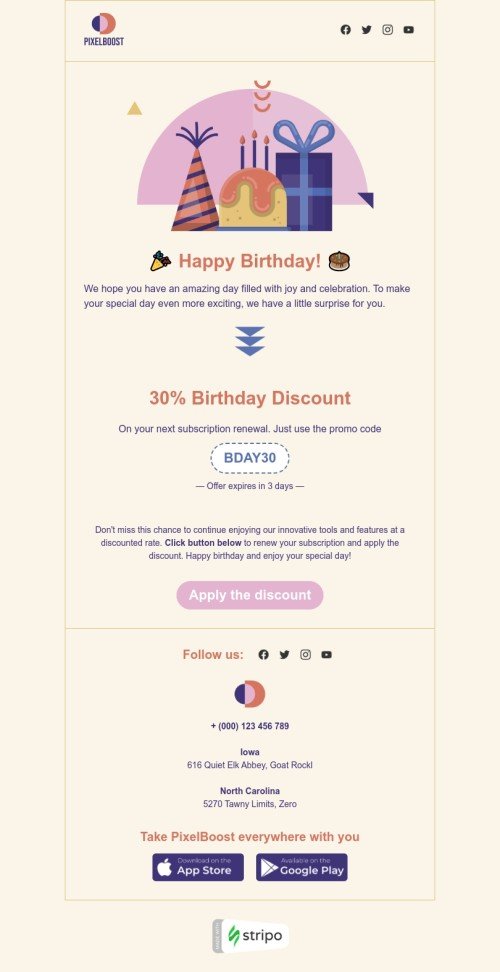 Birthday email template "Enjoy your special day" for design industry desktop view