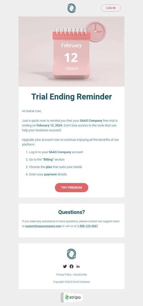 Plantilla de correo electrónico «Recordatorio de final de prueba» de SaaS para la industria de negocios Vista de escritorio