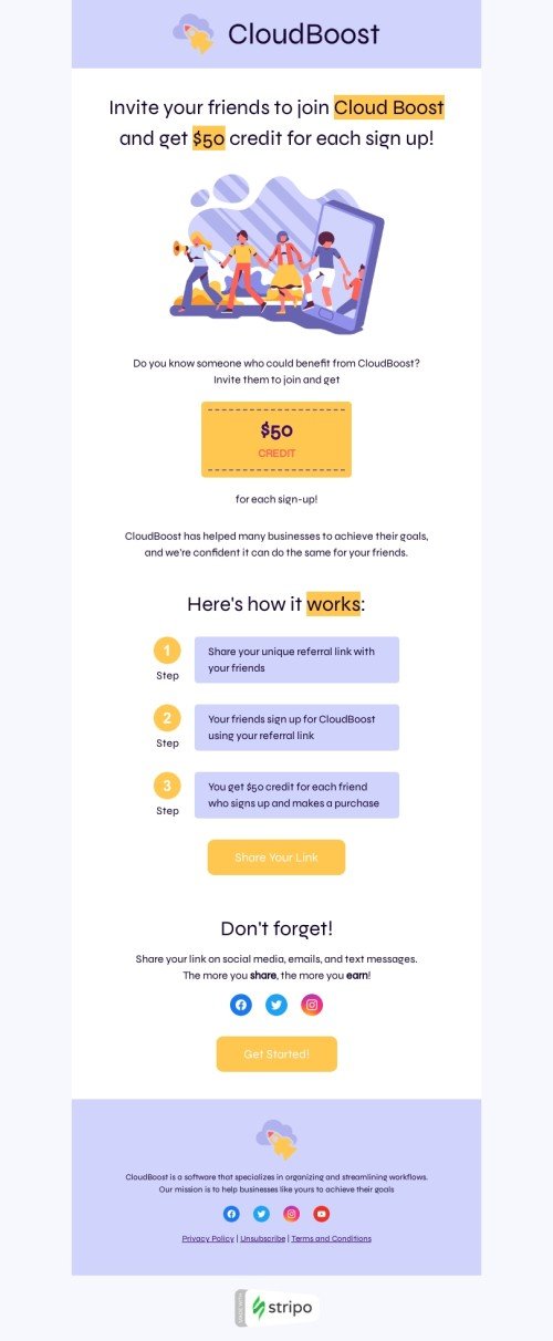 SaaS email template "Refer friends, earn rewards!" for software & technology industry desktop view