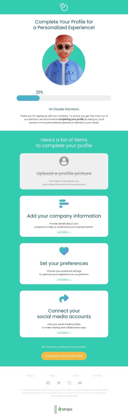 Modello email SaaS «Completa il tuo profilo» per il settore industriale di software e tecnologia Visualizzazione mobile