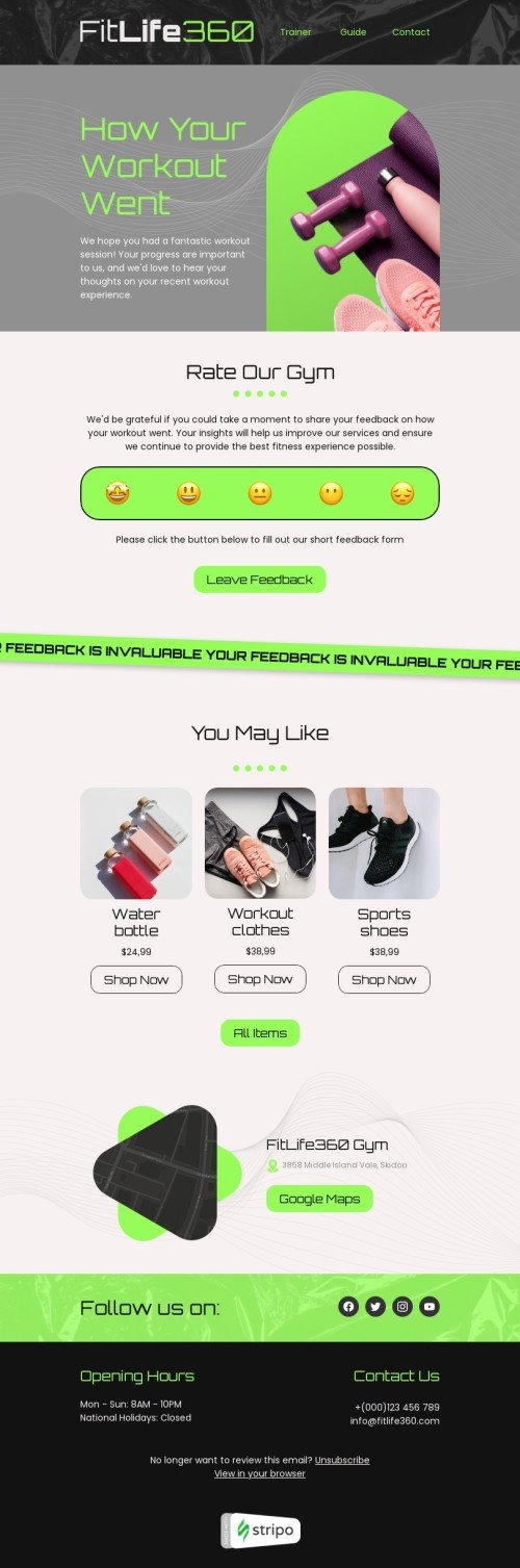 Survey & feedback email template "Post-workout" for health and wellness industry mobile view