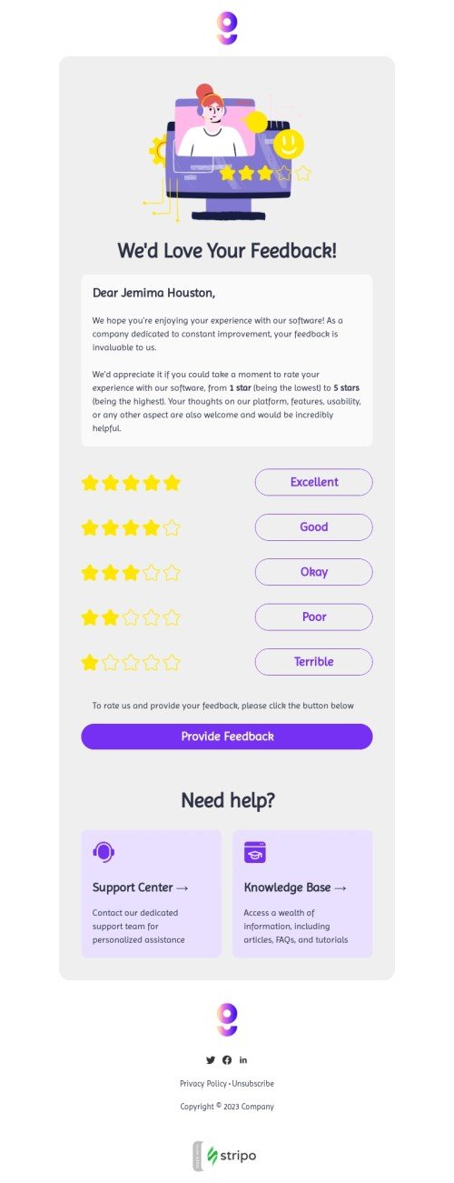 Modello email SaaS «Ci piacerebbe il tuo feedback!» per il settore industriale di commercio Visualizzazione mobile