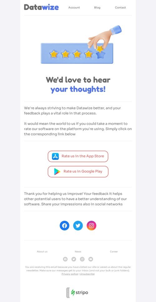 SaaS email template "We'd love to hear your thoughts" for business industry desktop view