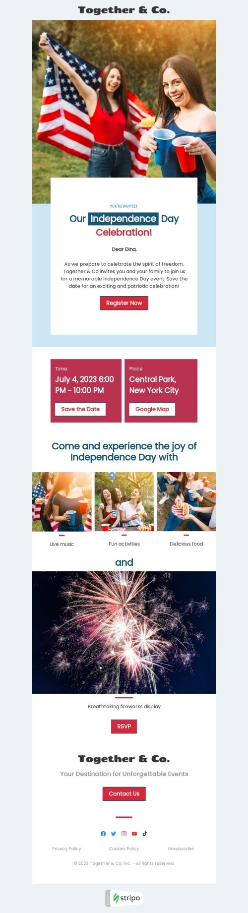 Independence Day email template "Celebrate the spirit of freedom" for hobbies industry desktop view