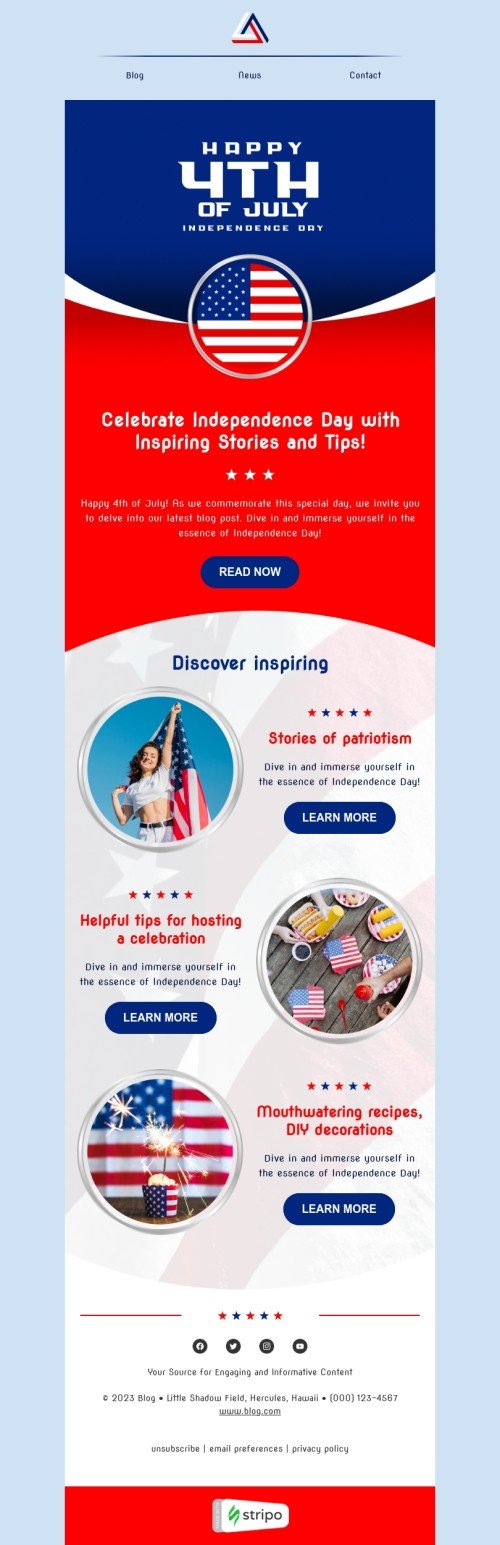 Modello email Giorno dell’Indipendenza «Storie di patriottismo» per il settore industriale di editoria e blog Visualizzazione mobile