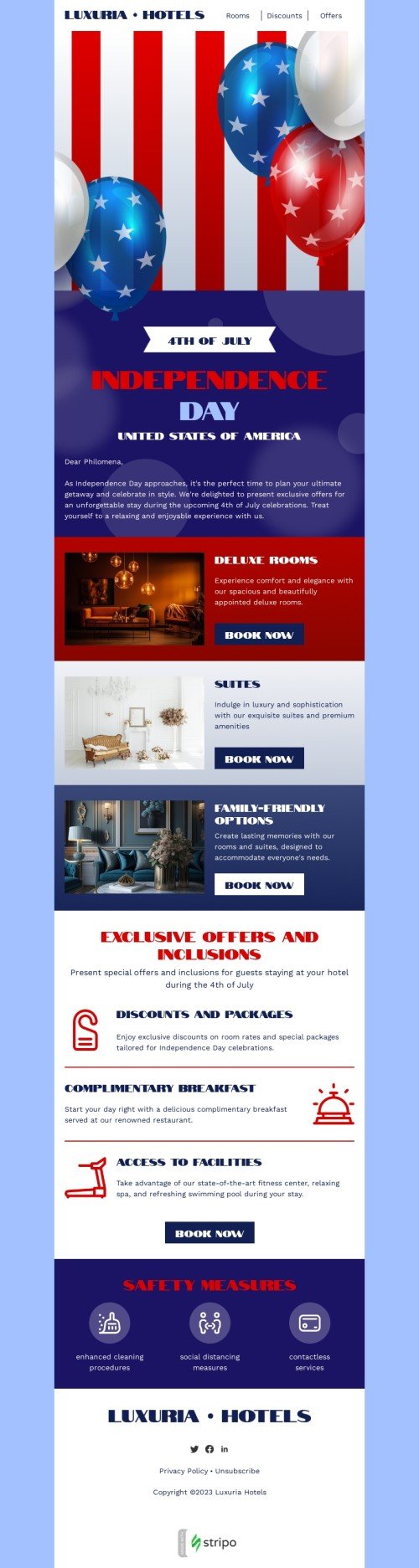 Independence Day email template "Independence Day approaches" for hotels industry desktop view