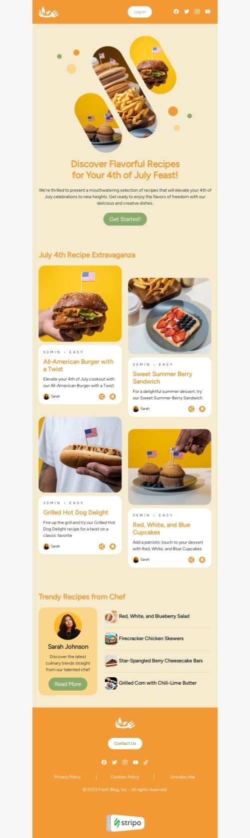 Independence Day email template "July 4th recipe extravaganza" for food industry desktop view
