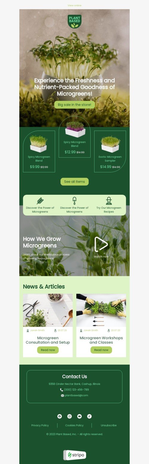 Promo email template "Power of microgreens" for agriculture industry desktop view
