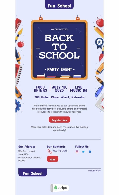 Back to school email template "Upcoming event" for education industry desktop view