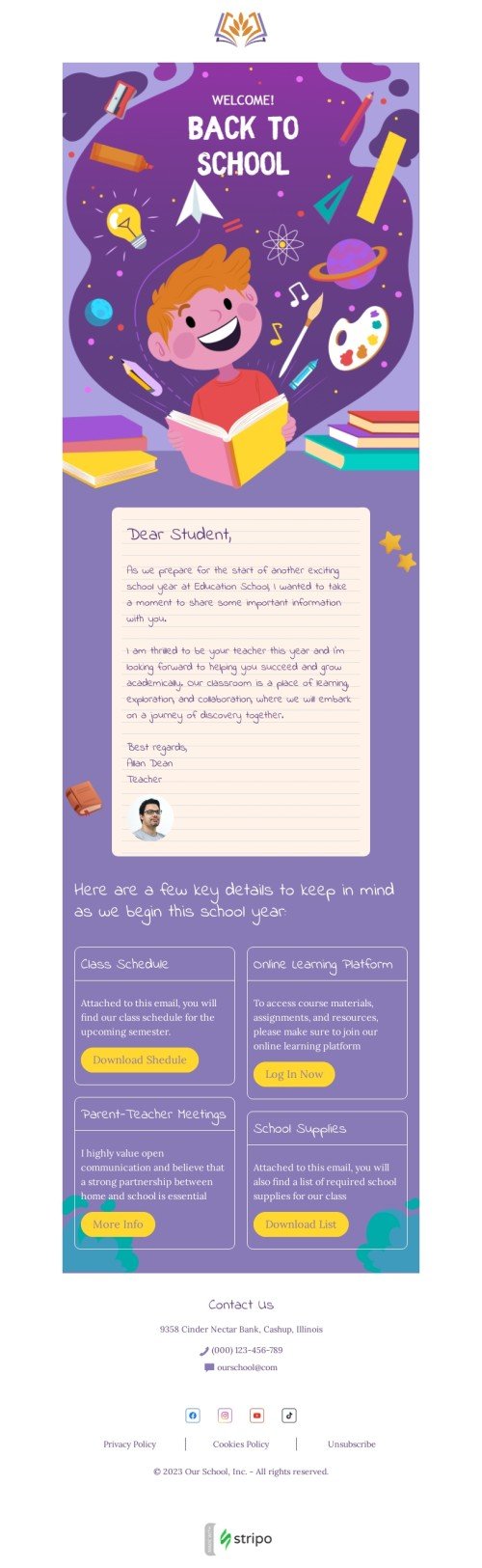 Back to school email template "Important information inside" for education industry desktop view