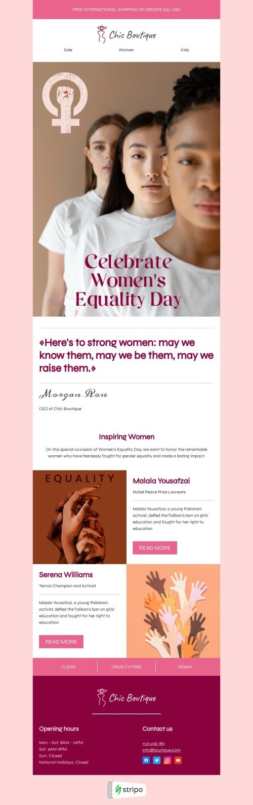 Women's Equality Day email template "Strong women" for fashion industry desktop view