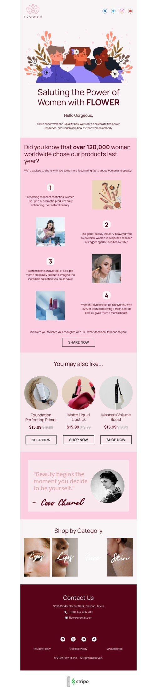 Der Tag der Gleichstellung der Frau E-Mail-Vorlage «Hommage an die Macht der Frauen» für Beauty & Pflege-Branche Ansicht auf Mobilgeräten