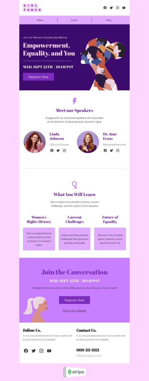 Women's Equality Day email template "Empowerment, equality, and you" for webinars industry desktop view