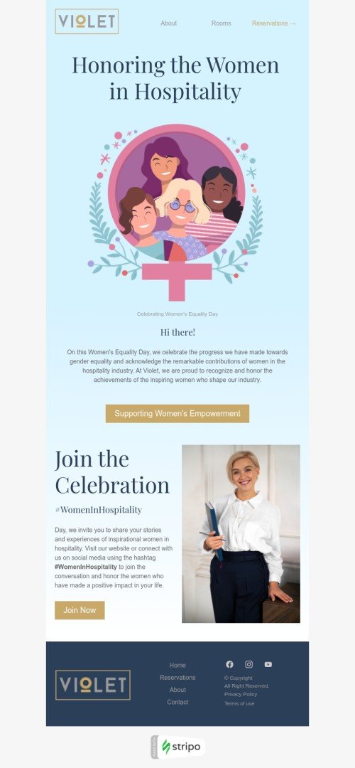 Modelo de e-mail de «Homenageando as mulheres na hospitalidade» de Dia Internacional da Igualdade Feminina para a indústria de hotéis Visualização de dispositivo móvel