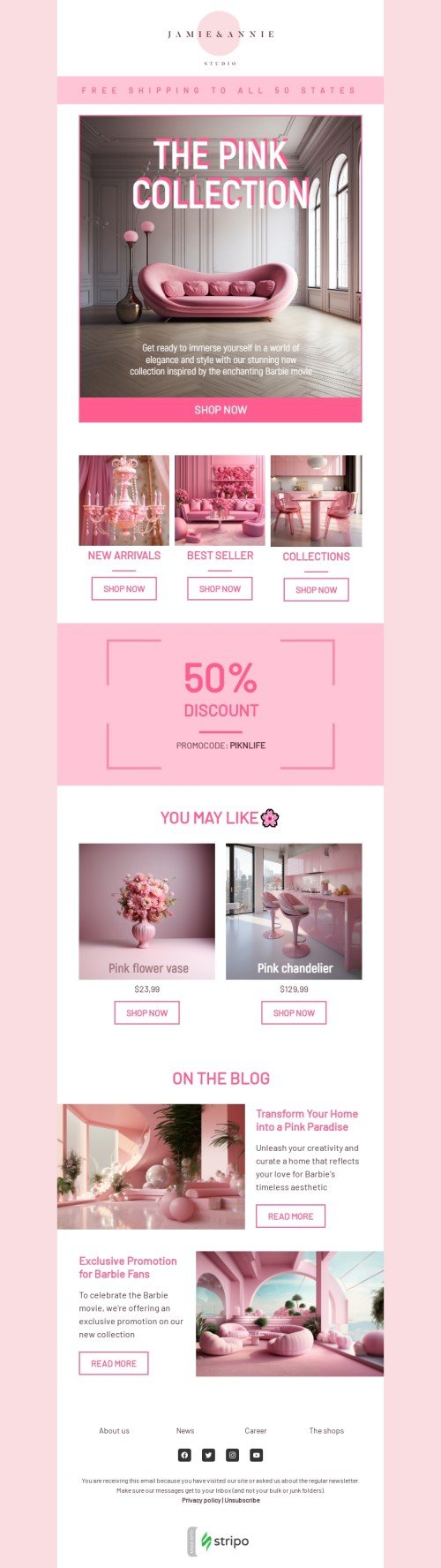 Promo email template "The pink collection" for furniture, interior & DIY industry mobile view