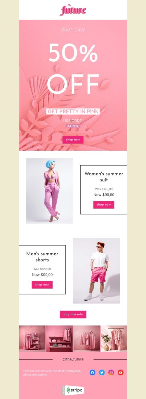 Promo email template "Get pretty in pink" for fashion industry desktop view