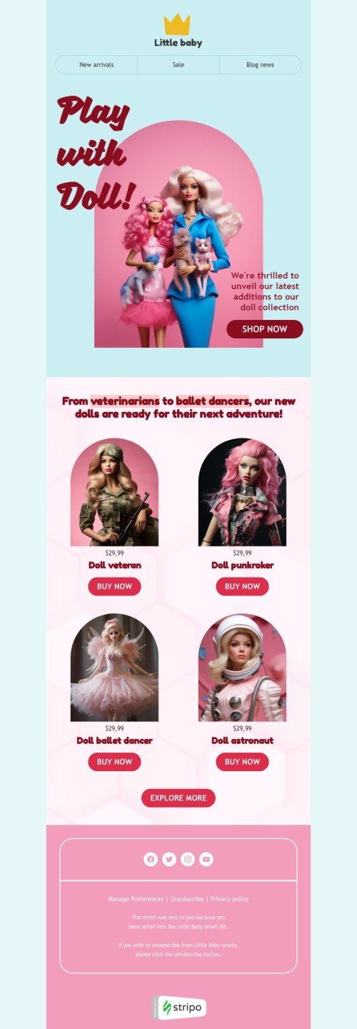 Promo email template "Play with doll" for kids goods industry desktop view