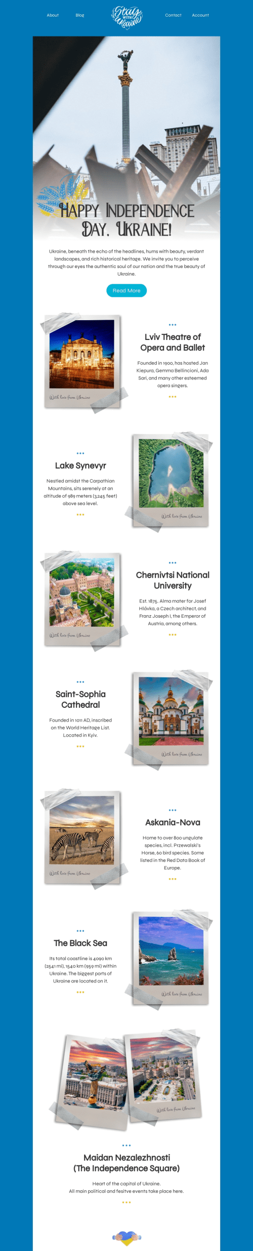 Modèle de courrier électronique Jour de l'Indépendance Ukraine «Monuments de l'Ukraine» pour le secteur association à but non lucratif et caritative Affichage ordinateur