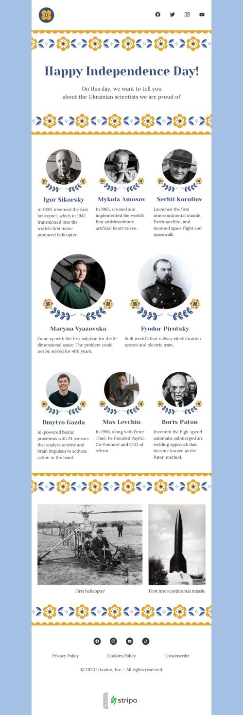 Шаблон письма к празднику День Независимости Украины «Украинские ученые» для индустрии «Дизайн шаблонов для некоммерческих email-кампаний» мобильный вид