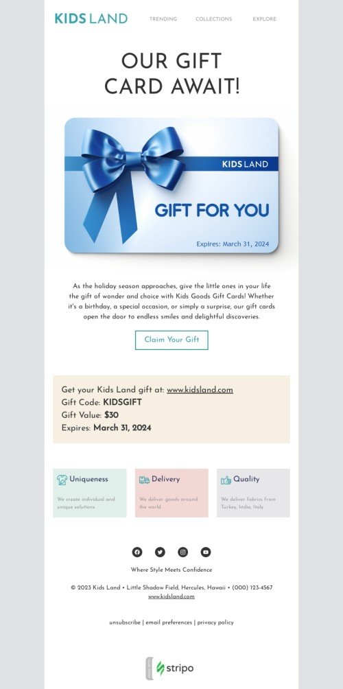 Modèle de courrier électronique carte cadeau «Notre carte cadeau vous attend !» pour le secteur produits pour enfants Affichage mobile